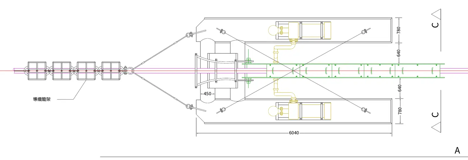 Cable burial sled, plan view · 埋線機平面