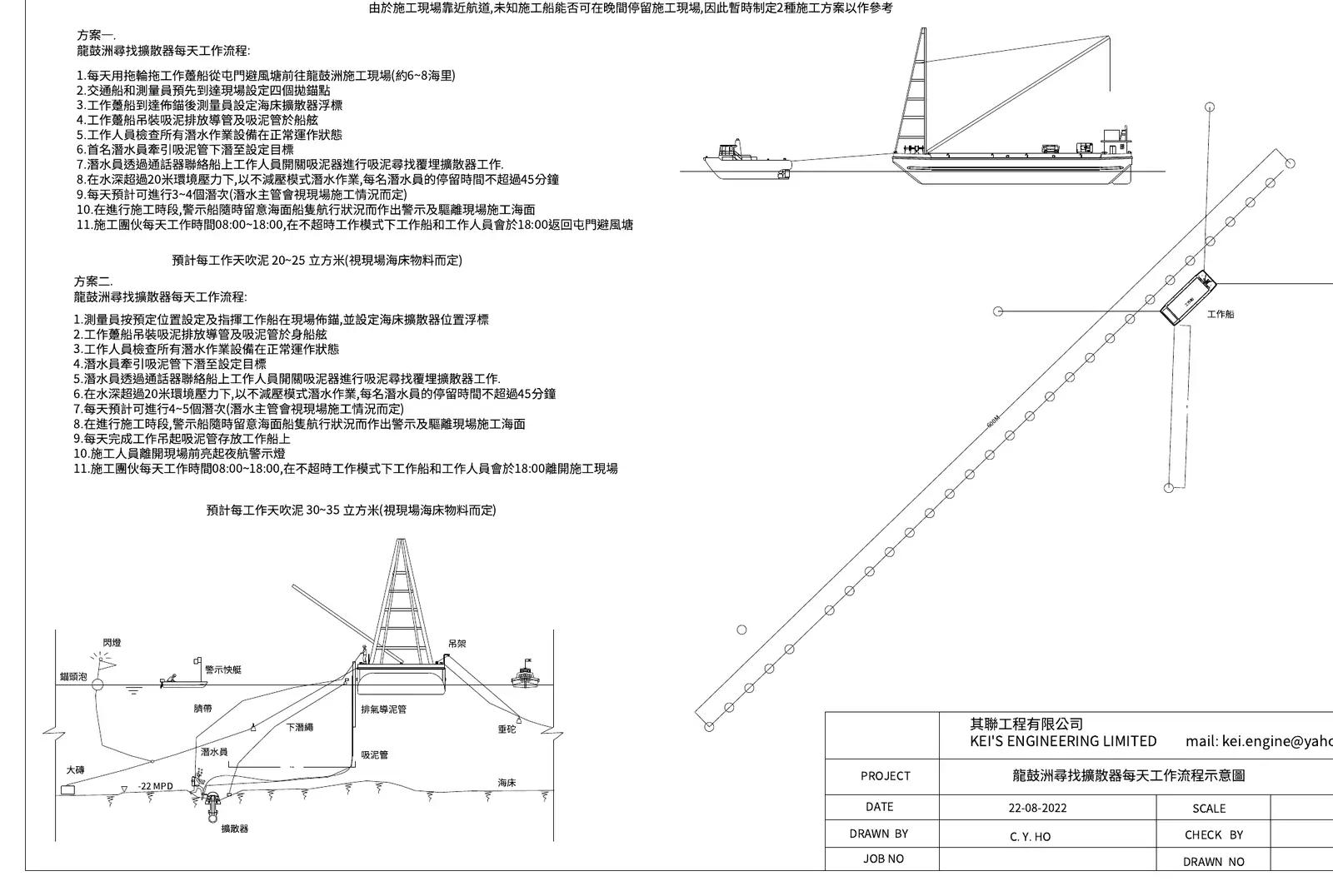 Daily work plan: anchored barge and airlift at −22 mPD · 每日工作程序：定錨躉船及−22mPD氣昇吸泥