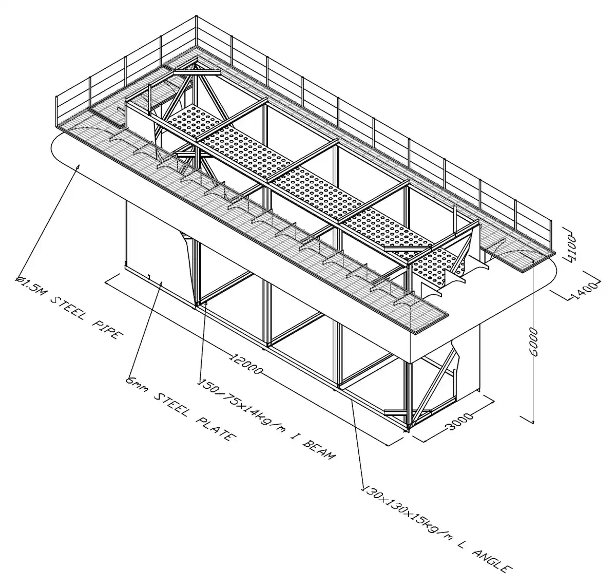 Sheet-pile bulkhead and silt-curtain frame, 3D · 閘板及環保布鐵架立體圖