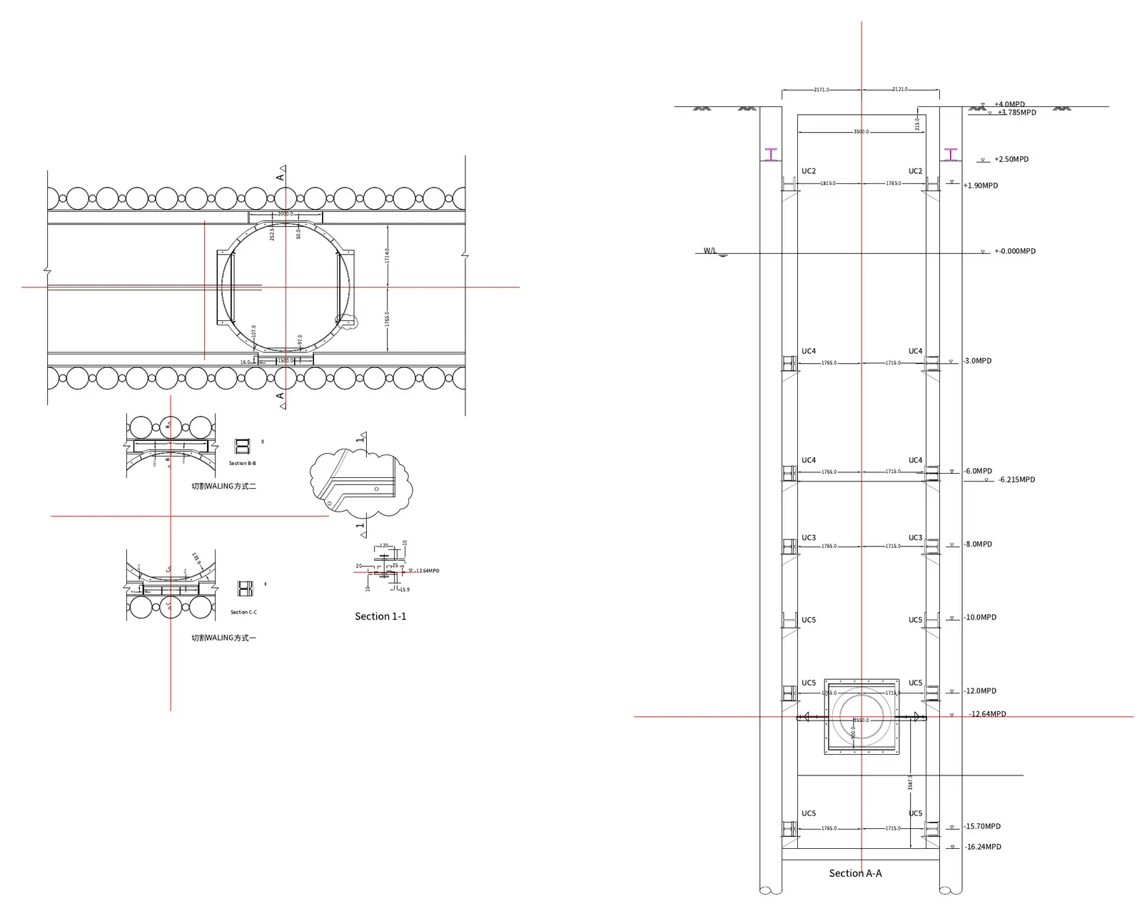 Turning shaft and caisson sections · 轉軸及沉箱剖面